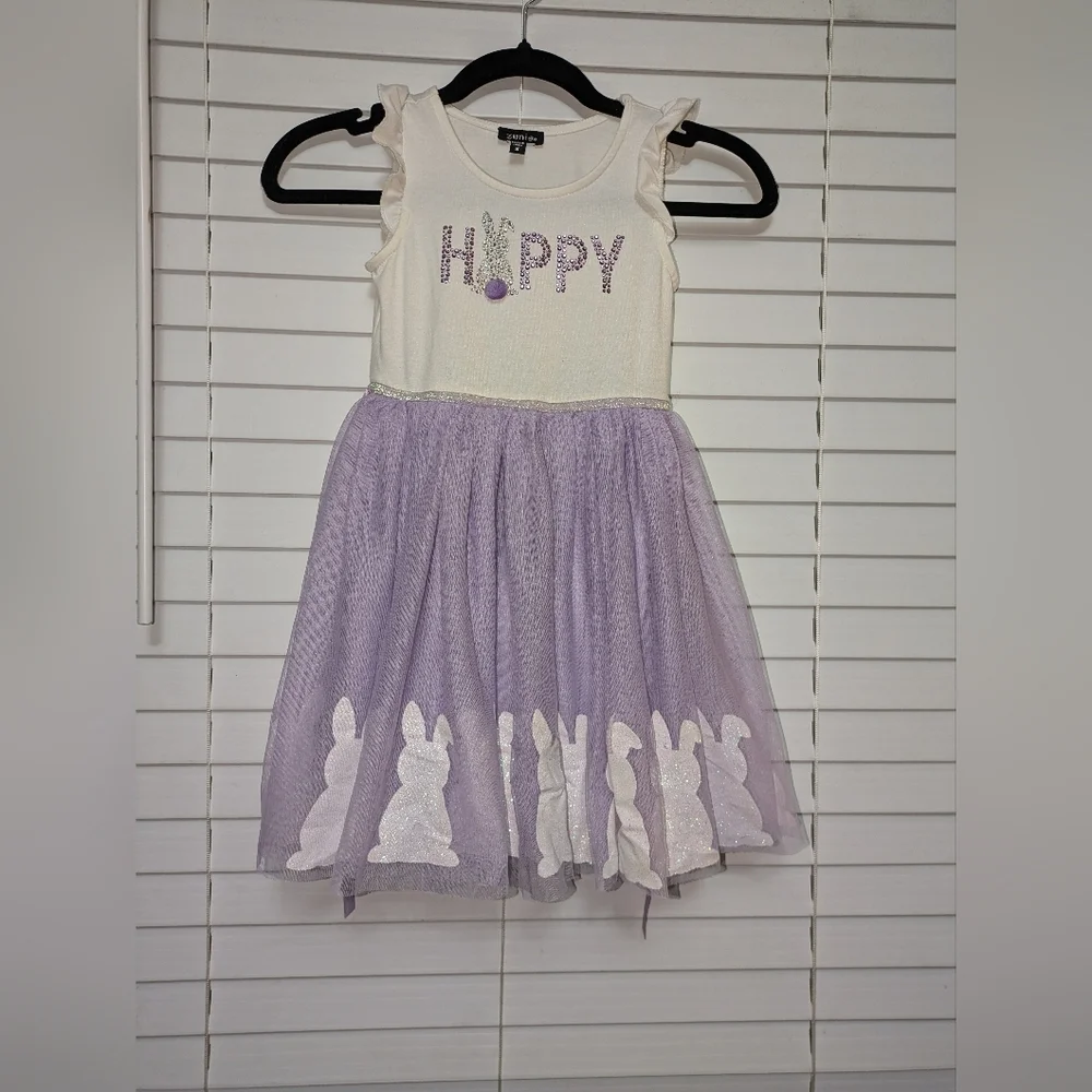 Girls Happy Easter Purple and White Bunny Tulle Dress. Size S. EUC